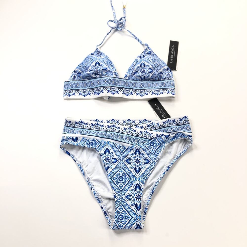La Blanca NEW Medium Bikini Bottoms & Top Blue White Geometric All Over Print